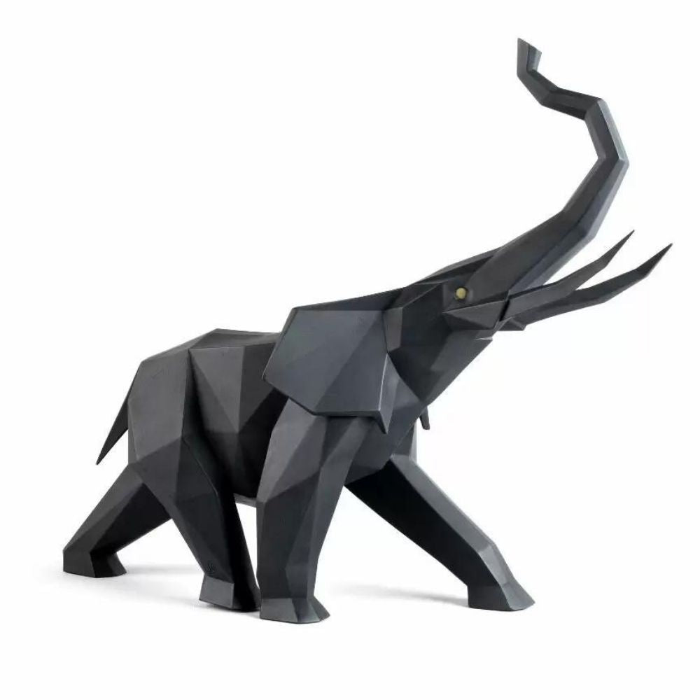 Matte black porcelain sculpture, Elephant, Origami - LLADRO