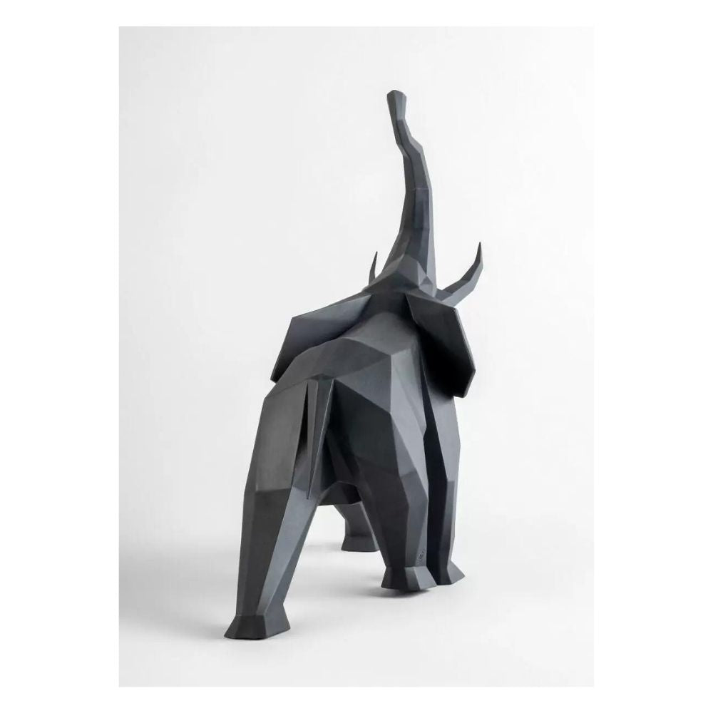 Matte black porcelain sculpture, Elephant, Origami - LLADRO