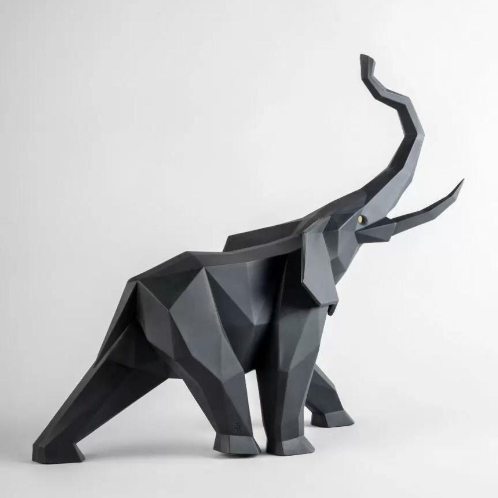 Matte black porcelain sculpture, Elephant, Origami - LLADRO
