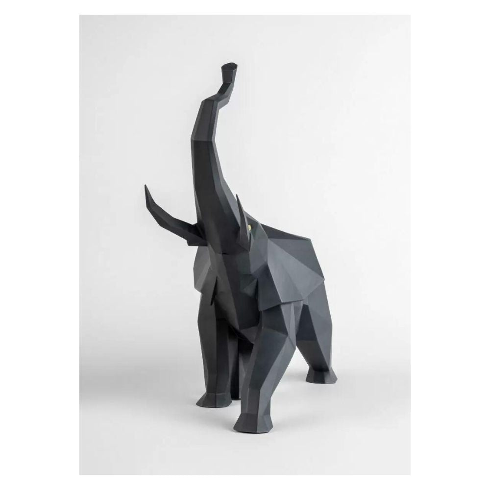 Matte black porcelain sculpture, Elephant, Origami - LLADRO