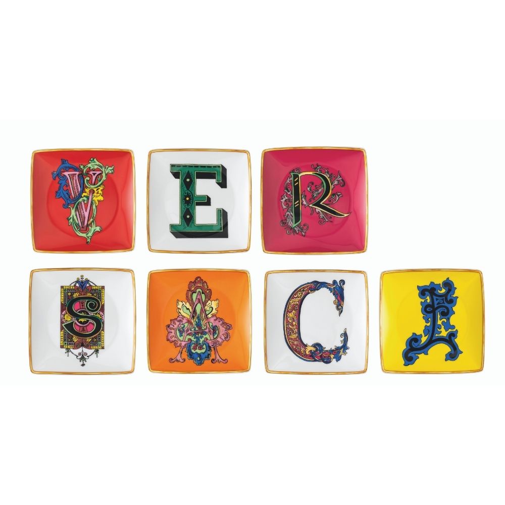 Set of 7 square saucers made of porcelain, Holiday Alphabet - VERSACE