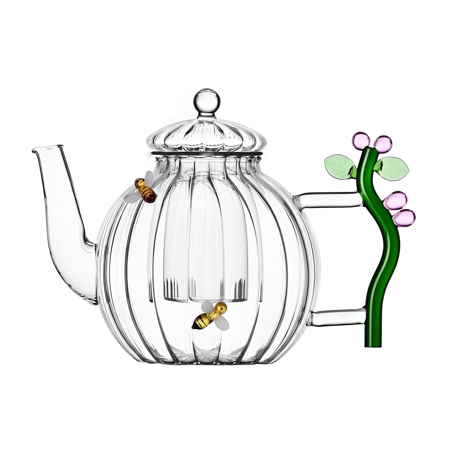 Glass teapot, with pink flower and bees, Botanica by Alessandra Baldereschi - ICHENDORF