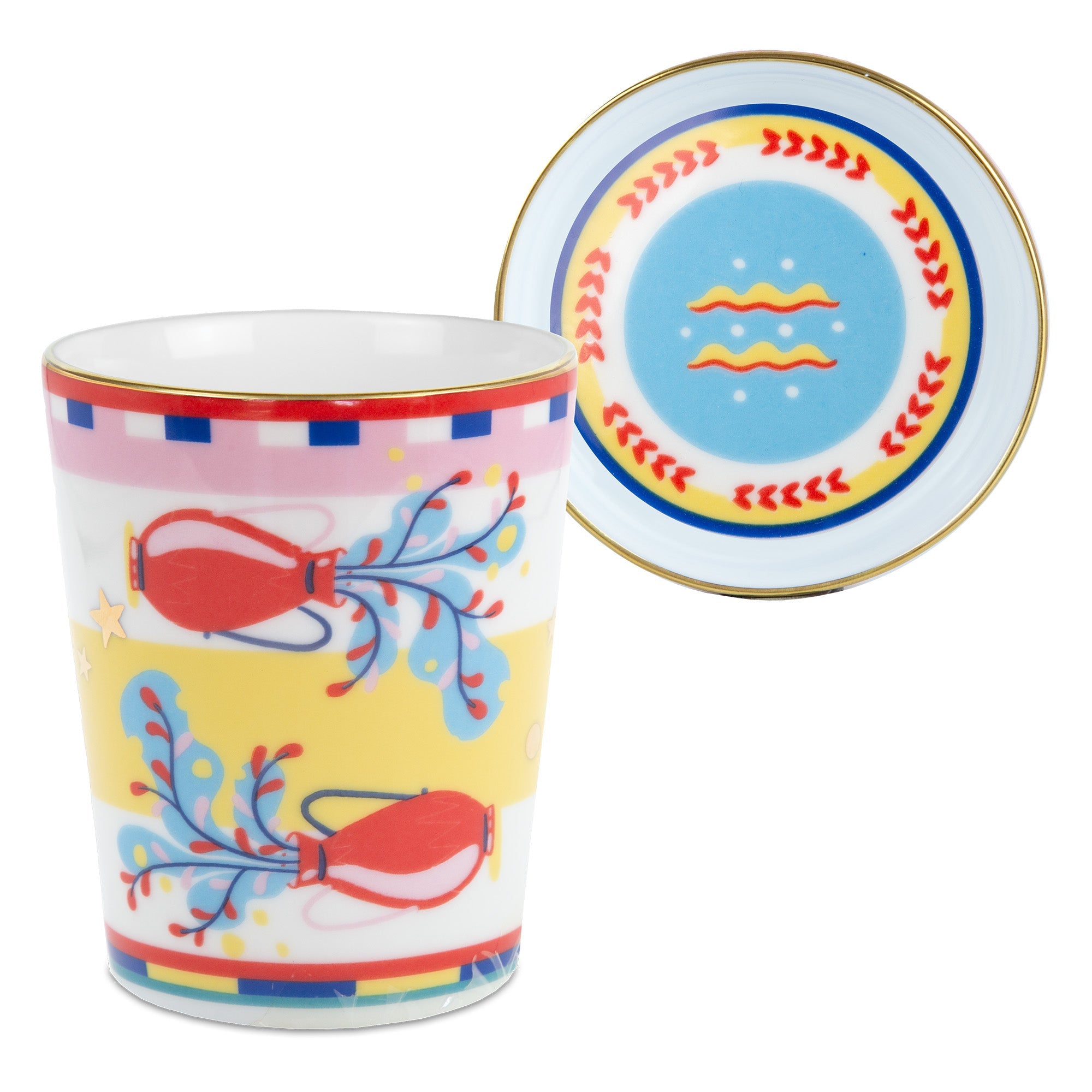 Tea cup and saucer, porcelain, Zodiac Vibe Aquarius - BACI MILANO