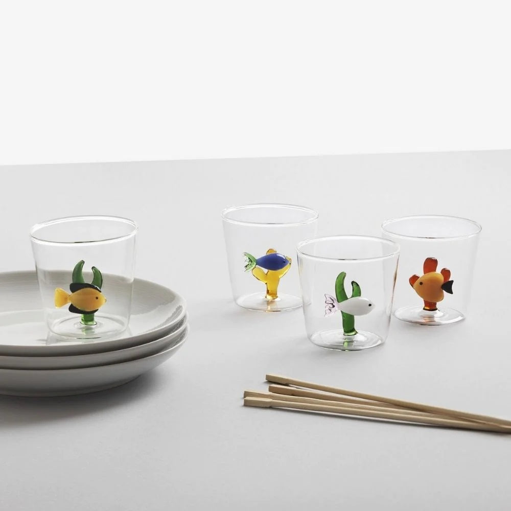 Water glass, 3.15 in, coral/blue fish, Marine Garden by Alessandra Baldereschi - ICHENDORF