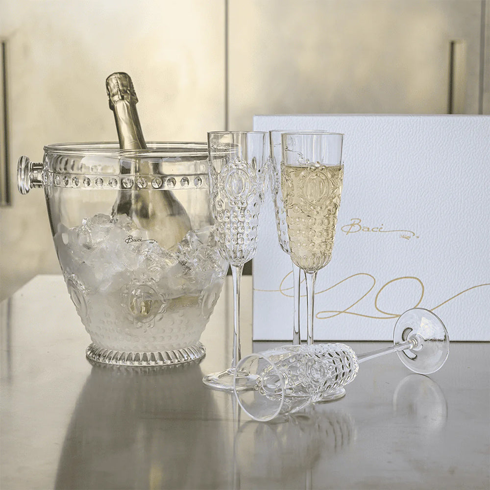 Set of 4 champagne glasses and an ice bucket, transparent acrylic, Baroque & Rock Anniversary - BACI MILANO