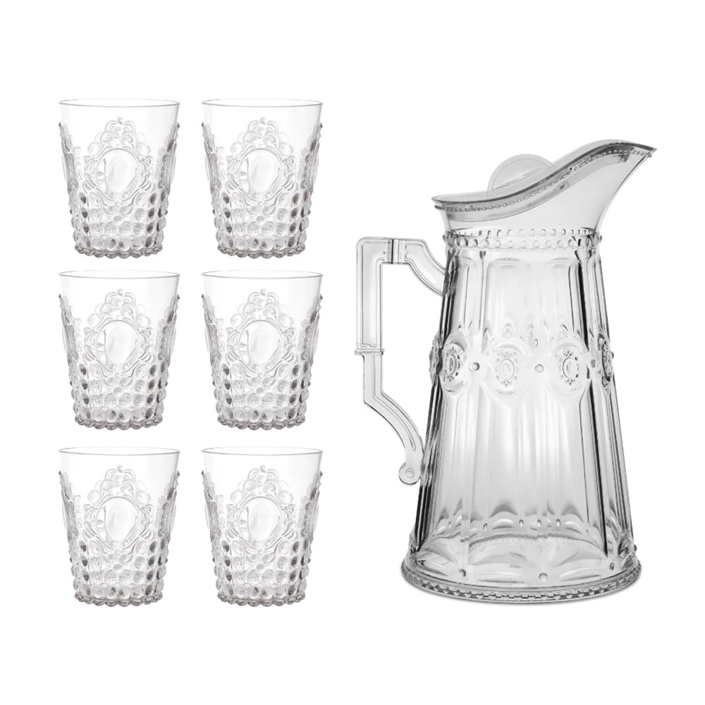Set of 6 water glasses and a 67.6 fl oz carafe, transparent acrylic, Baroque & Rock Anniversary - BACI MILANO