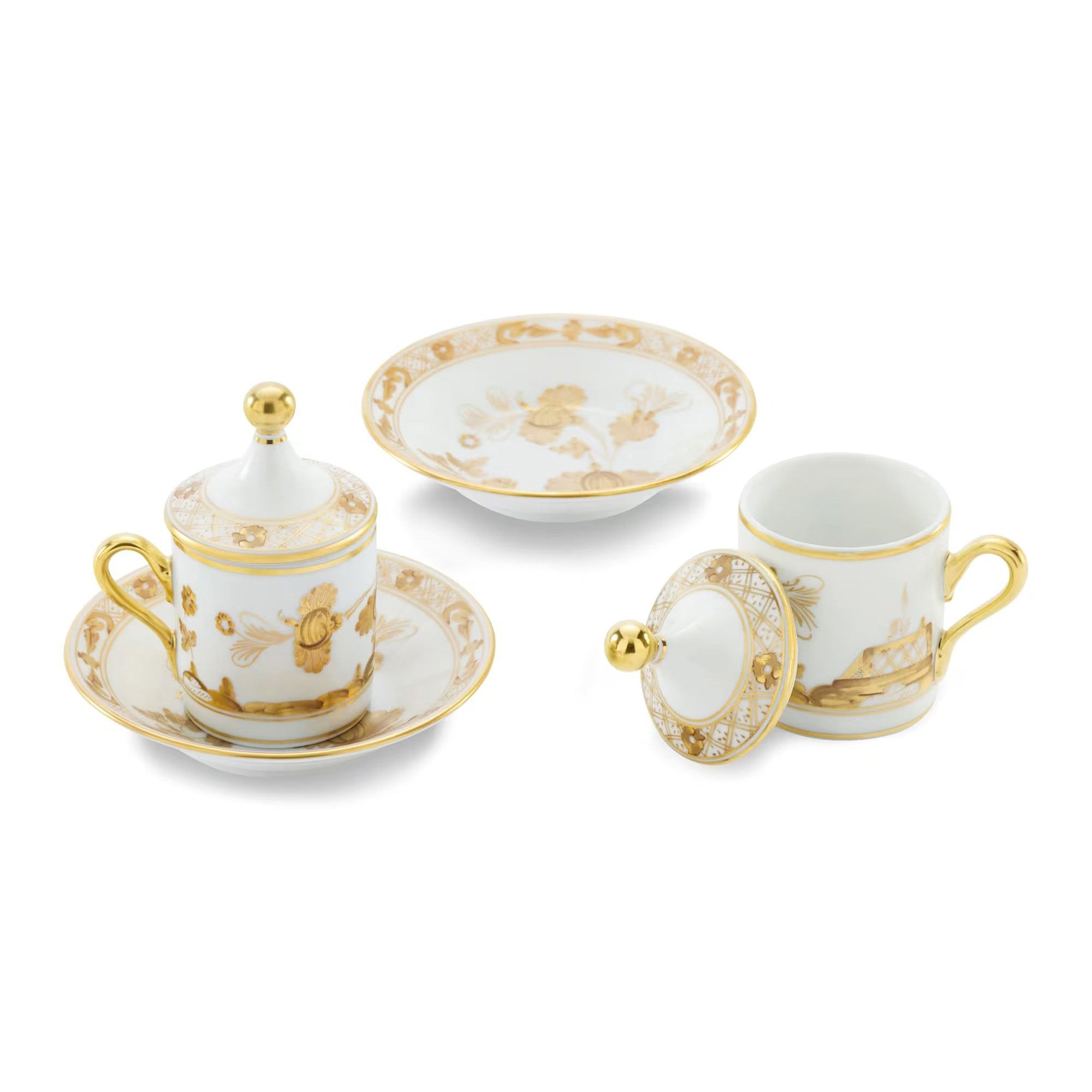 Set of 2 espresso cups with cover and saucer, 2.7 oz, Oriente Italiano Aurum - GINORI 1735