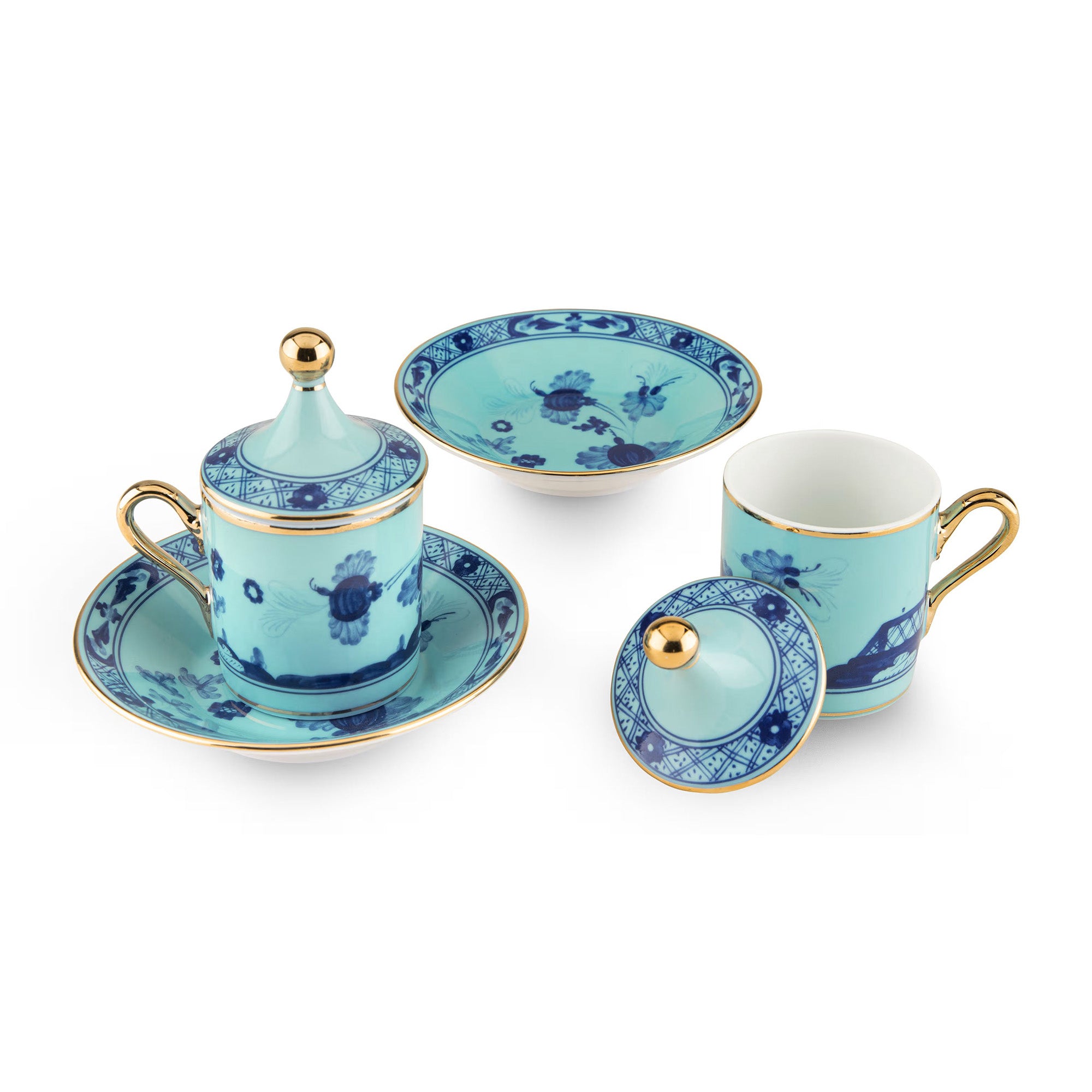 Set of 2 espresso cups with cover and saucer, 2.7 oz, Oriente Italiano Iris - GINORI 1735