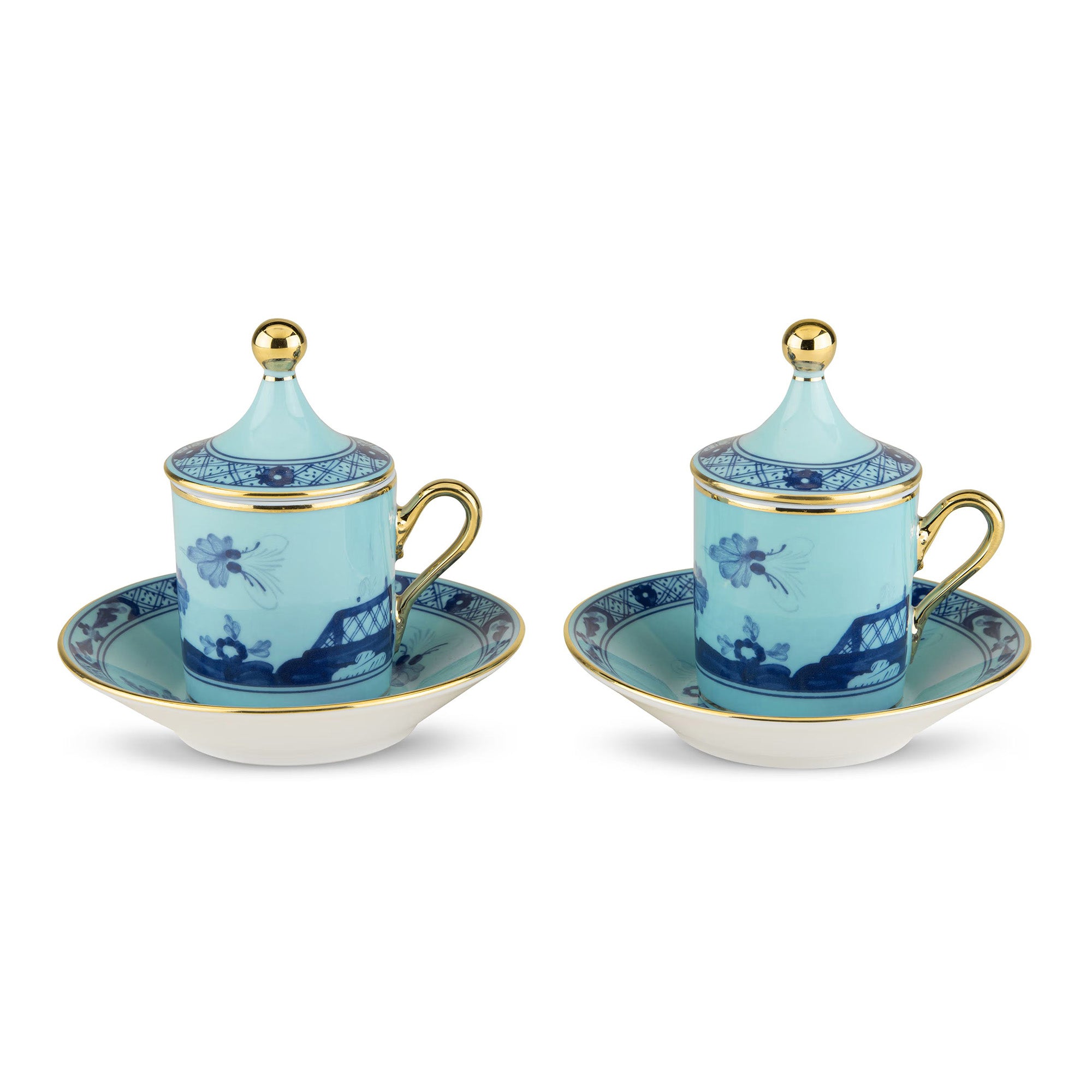 Set of 2 espresso cups with cover and saucer, 2.7 oz, Oriente Italiano Iris - GINORI 1735