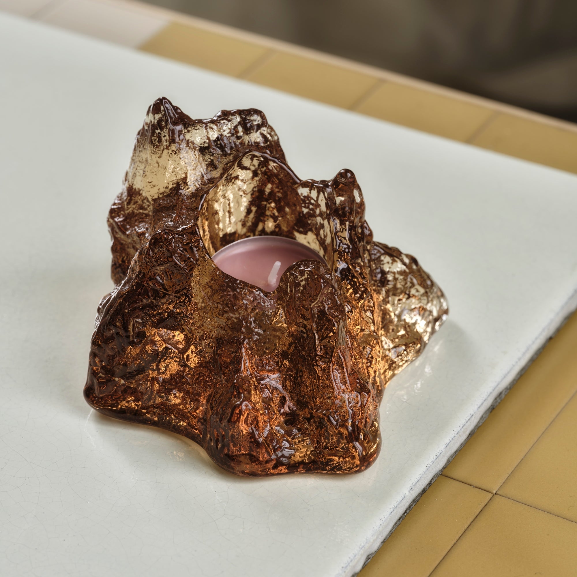 Crystal glass candlestick, Bronze, 5.5 inches, The Rock by Hanna Hansdotter - KOSTA BODA