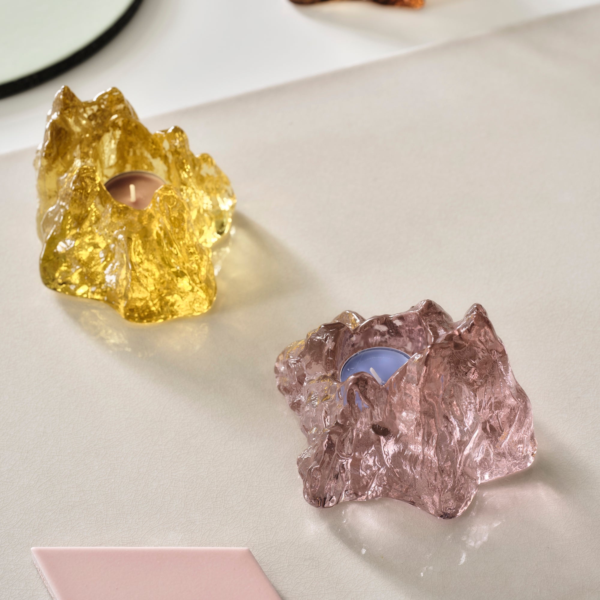 Crystal glass candlestick, Pink, 5.5 inches, The Rock by Hanna Hansdotter - KOSTA BODA