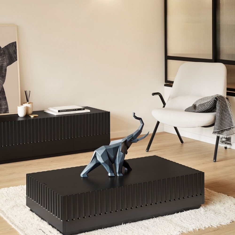 Matte black porcelain sculpture, Elephant, Origami - LLADRO