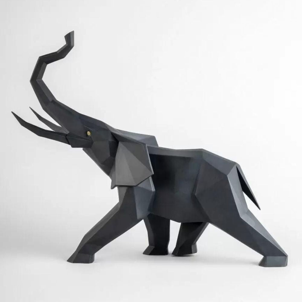 Matte black porcelain sculpture, Elephant, Origami - LLADRO