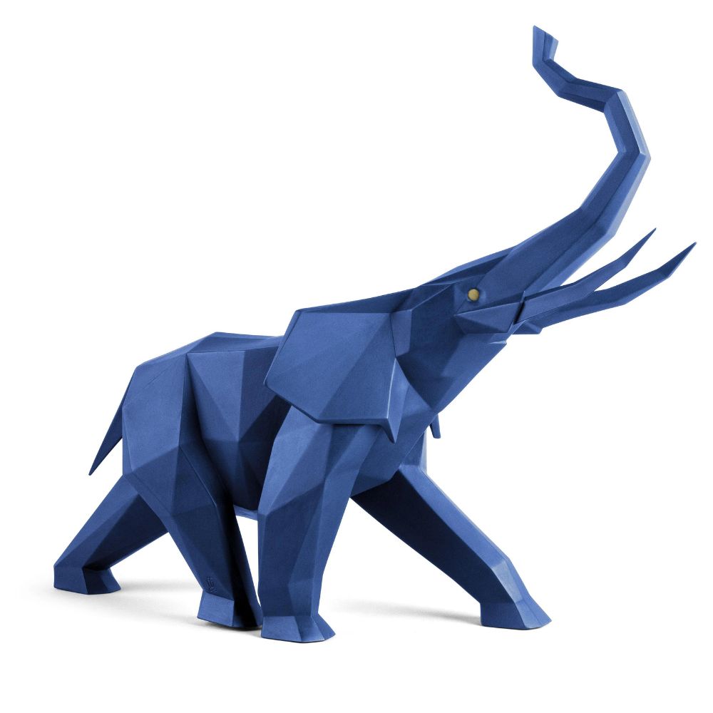 Blue matte porcelain sculpture, Elephant, Origami - LLADRO