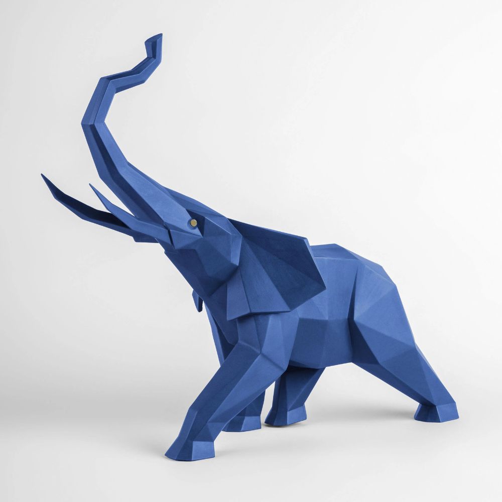 Blue matte porcelain sculpture, Elephant, Origami - LLADRO