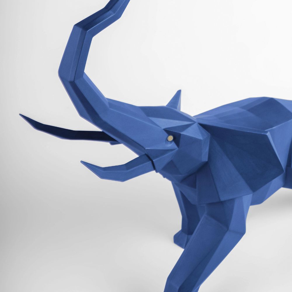Blue matte porcelain sculpture, Elephant, Origami - LLADRO