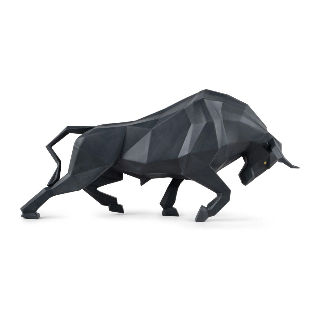 Matte black porcelain sculpture, Bull, Origami - LLADRO