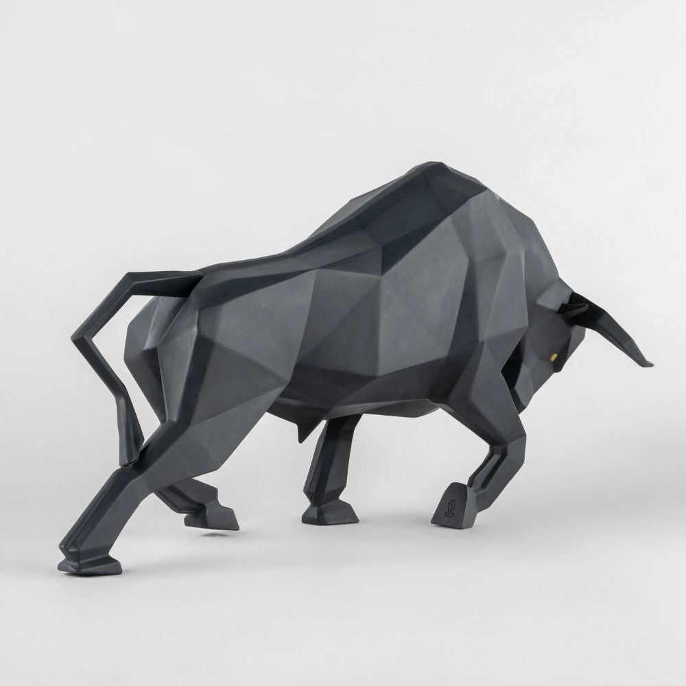 Matte black porcelain sculpture, Bull, Origami - LLADRO