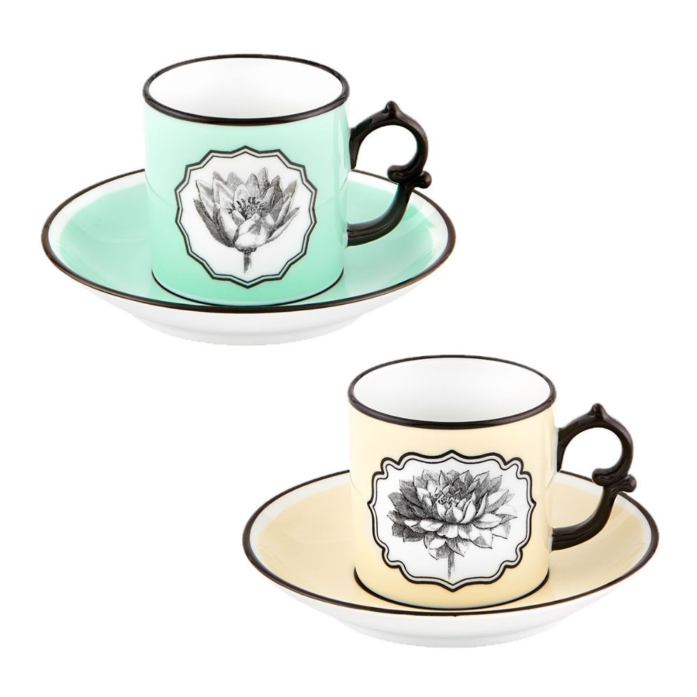 Set of 2 espresso cups and saucers, yellow-green, Herbariae - CHRISTIAN LACROIX