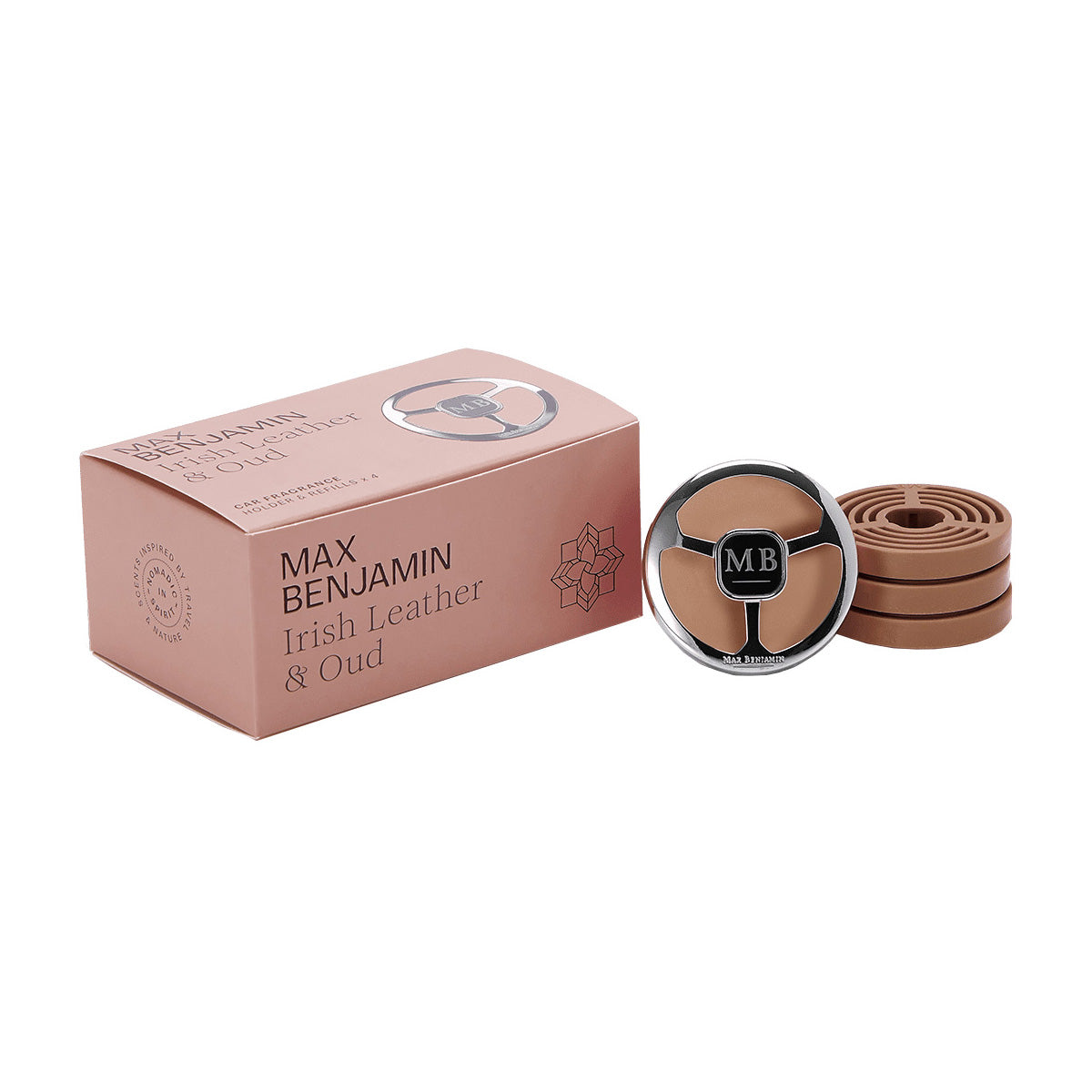 Car air freshener with 4 refills, Irish Leather & Oud, Car Fragrance - MAX BENJAMIN