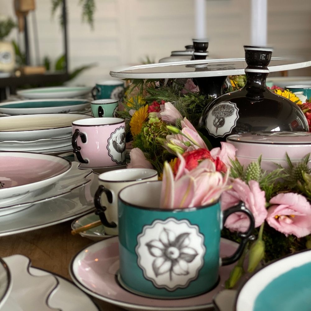 Set of 2 tea cups and saucers, green-pink, Herbariae - CHRISTIAN LACROIX