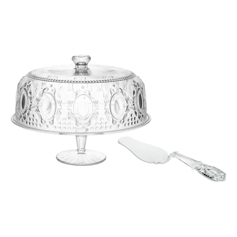 Cake platter and spatula, 12.6 inches, transparent acrylic, Baroque & Rock Anniversary - BACI MILANO