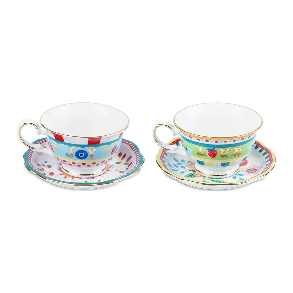 Set of 2 tea cups and plates, porcelain, Mamma Mia - BACI MILANO