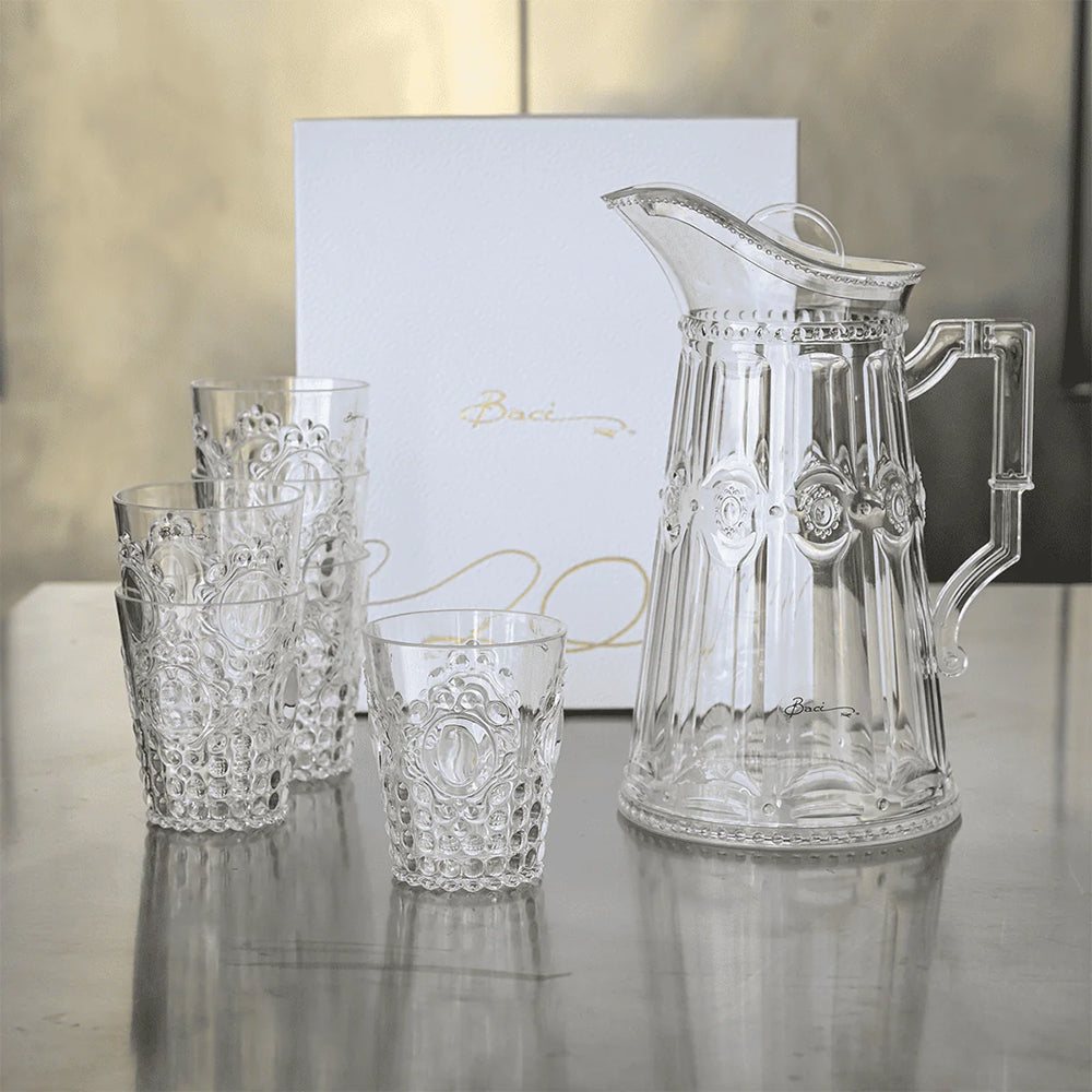 Set of 6 water glasses and a 67.6 fl oz carafe, transparent acrylic, Baroque & Rock Anniversary - BACI MILANO